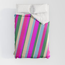 [ Thumbnail: Vibrant Light Sky Blue, Deep Pink, Fuchsia, Sea Green, and Bisque Colored Stripes/Lines Pattern Duvet Cover ]