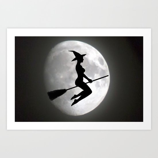 Witch On a Broom Against the Moon Art Print
