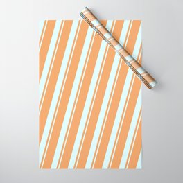 [ Thumbnail: Brown & Light Cyan Colored Lined/Striped Pattern Wrapping Paper ]