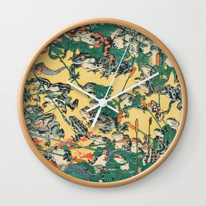 Frog Battle Japanese Print by Kawanabe Kyosai, 1864 Wall Clock