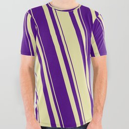 [ Thumbnail: Pale Goldenrod and Indigo Colored Striped/Lined Pattern All Over Graphic Tee ]