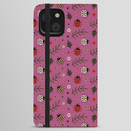 Ladybug and Floral Seamless Pattern on Magenta Background iPhone Wallet Case