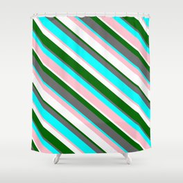 [ Thumbnail: Eyecatching Dark Green, Dim Grey, Aqua, Pink & White Colored Lines/Stripes Pattern Shower Curtain ]
