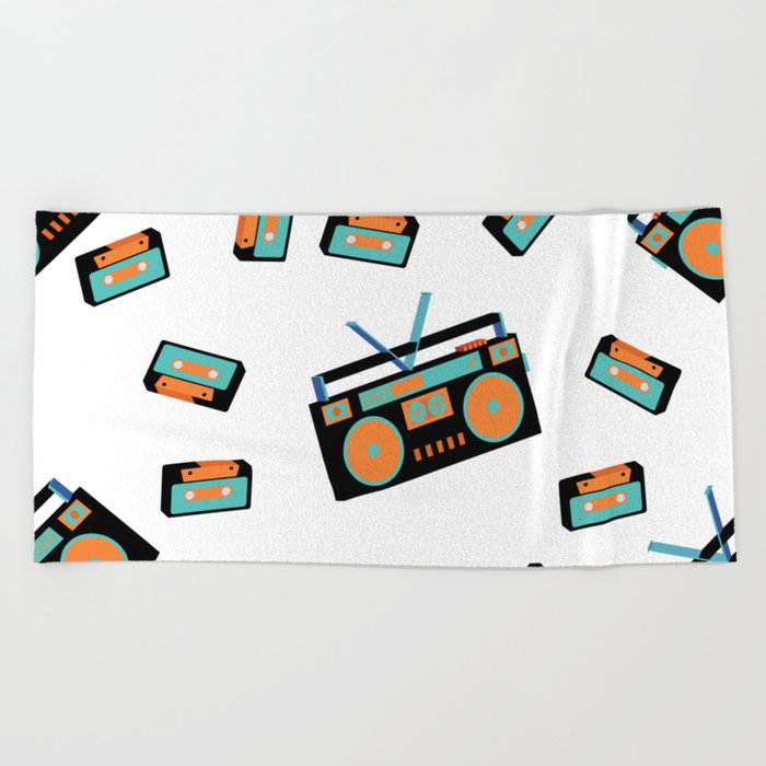 Texture seamless pattern from old vintage retro hipstersih stylish isometric music audio tape recorder. Listen to audio cassettes from the 70's, 80's, 90's. The background. Vintage illustration.  Beach Towel