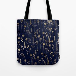 Hand drawn gold cute dried pressed flowers illustration navy blue Tote Bag