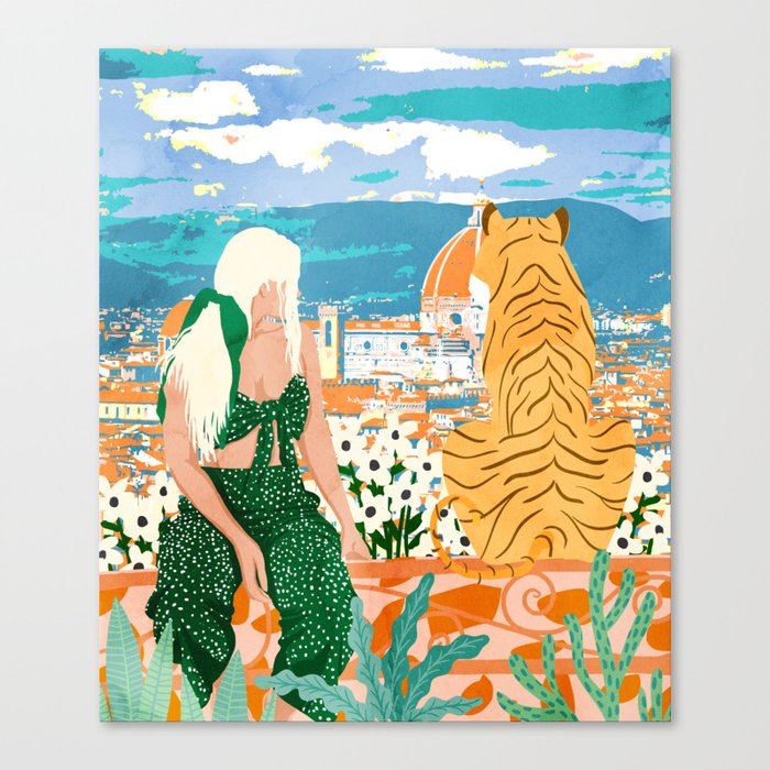 The Italian View, Woman Tiger Travel, Europe Architecture Illustration, Animals Bohemian Canvas Print