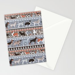 Fluffy and bright fair isle knitting doggie friends // grey and taupe brown background brown orange white and grey dog breeds  Stationery Card