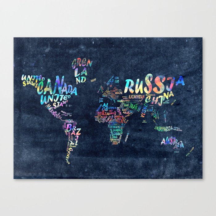 world map typography watercolor 4 Canvas Print