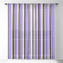 [ Thumbnail: Black, Tan, and Medium Slate Blue Colored Stripes/Lines Pattern Sheer Curtain ]