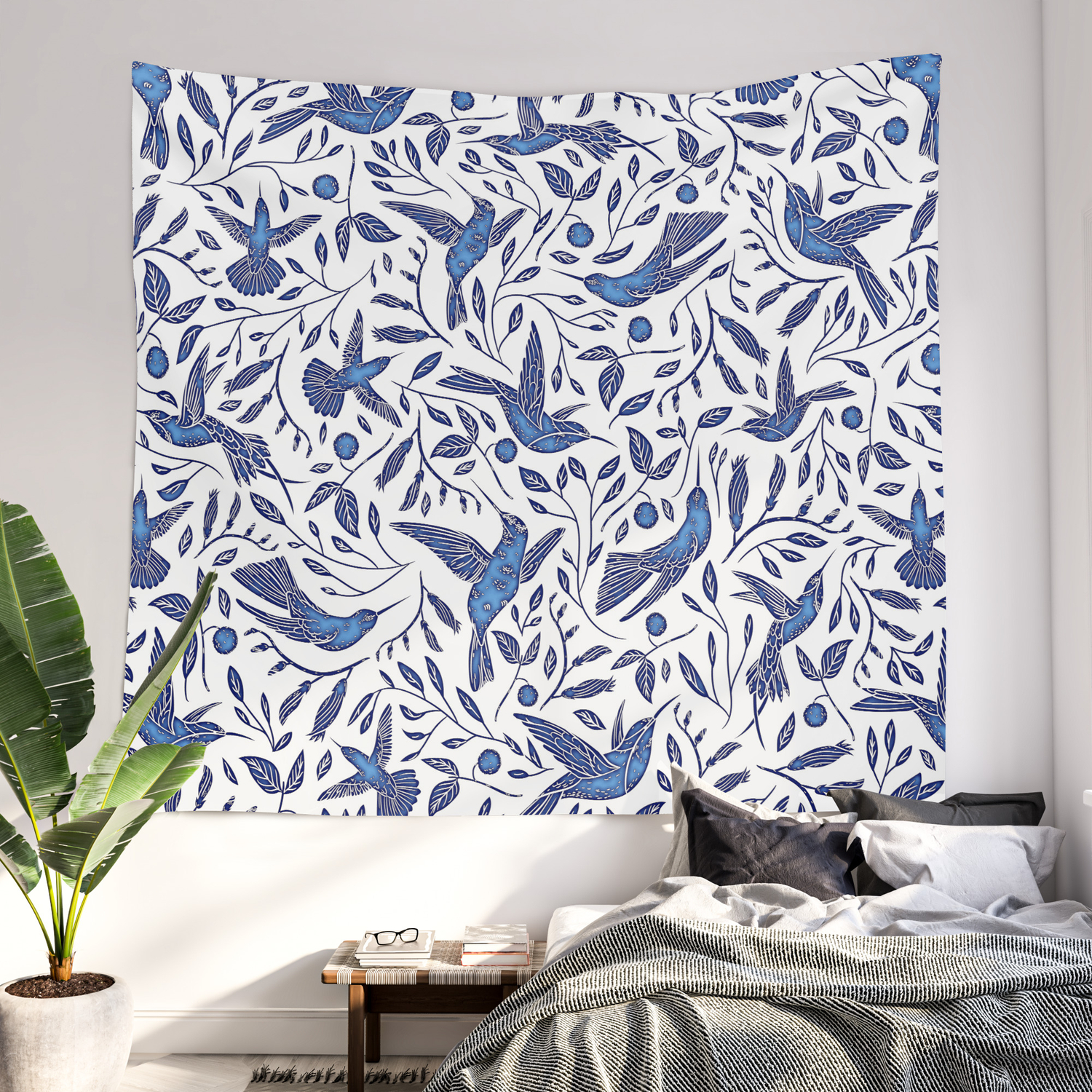 Kess InHouse bruxamagica Bird with Fall Leaves Blue White Animals Pattern Illustration Mixed Media Wall Tapestry 