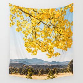 Yellow Aspen Tree & Blue Mountains in Flagstaff, Arizona Wall Tapestry
