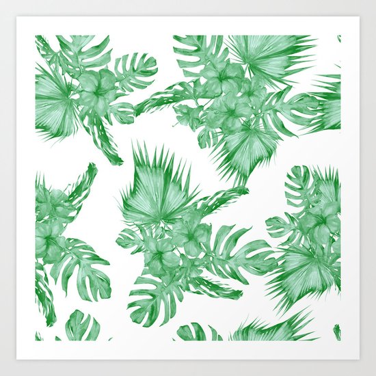 Palm Leaves and Hibiscus Tropical Green Art Print