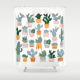 Cactus and succulents in pots on white background. Different home plants Shower Curtain