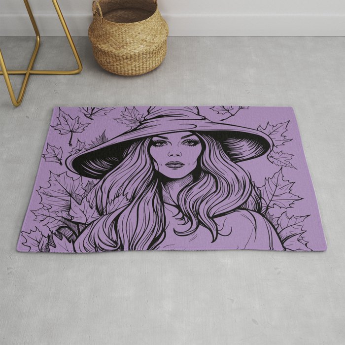 Witch and Autumn Leaves Vintage Horror Halloween Full Moon Forest Purple Violet Lavender Black Rug