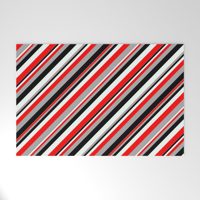 Red, Dark Grey, Black, and Mint Cream Colored Lined Pattern Welcome Mat