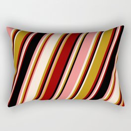 [ Thumbnail: Vibrant Light Coral, Beige, Dark Goldenrod, Dark Red & Black Colored Lines/Stripes Pattern Rectangular Pillow ]