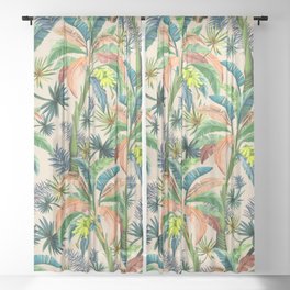 Palm Life, tropical palm leaves, Hollywood Regency, green, orange Sheer Curtain