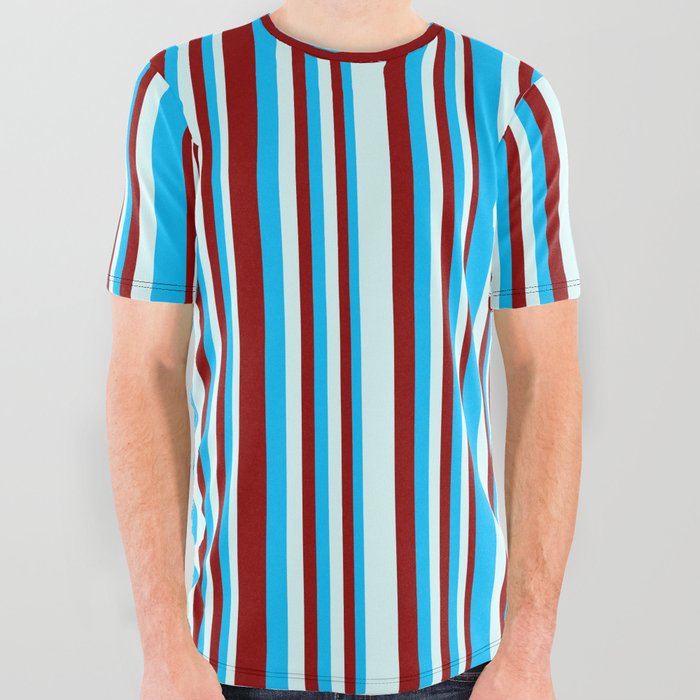Deep Sky Blue, Dark Red & Light Cyan Colored Pattern of Stripes All Over Graphic Tee