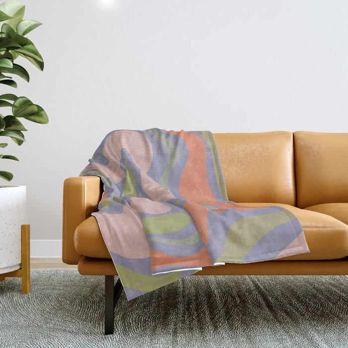 Liquid Swirl Retro Abstract Pattern 6 in Lavender Blue, Celadon, Lime Green, Cantaloupe Orange, and Pale Pink Throw Blanket