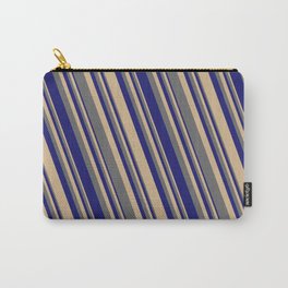 [ Thumbnail: Tan, Dim Gray, and Midnight Blue Colored Lined Pattern Carry-All Pouch ]