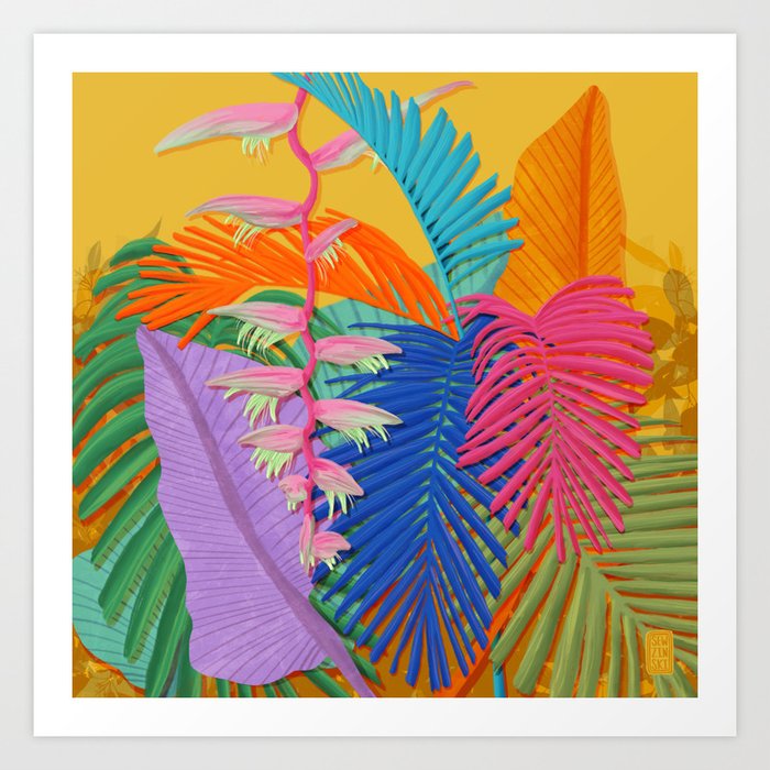 Flamingo Plant and Palm Fronds Art Print