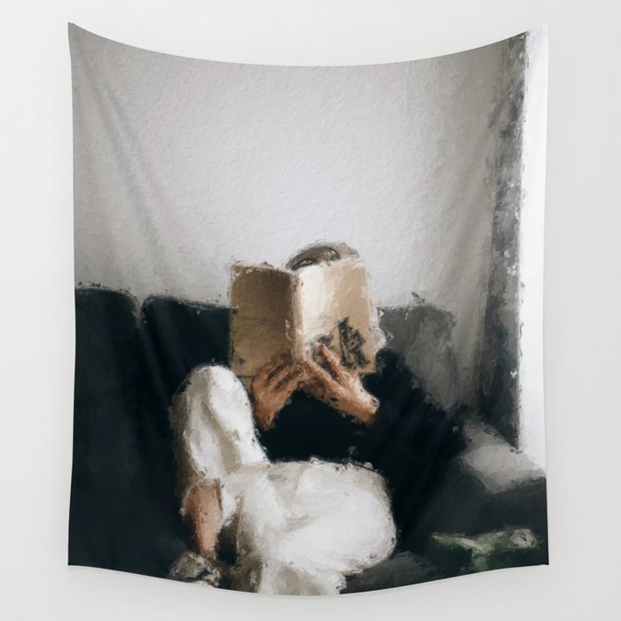 digital oil painting of a faceless woman reading on a sofa Wall Tapestry