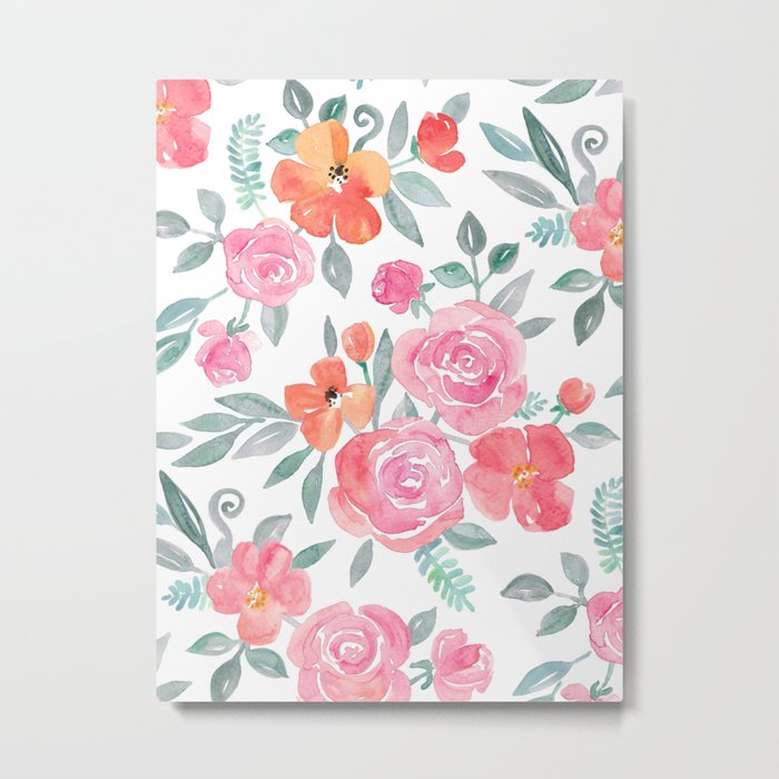 Amelia Floral in Pink and Peach Watercolor Metal Print