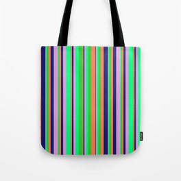 [ Thumbnail: Vibrant Lime Green, Coral, Midnight Blue, Plum, and Green Colored Lines/Stripes Pattern Tote Bag ]
