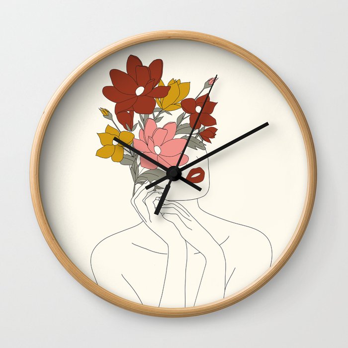 Colorful Thoughts Minimal Line Art Woman with Magnolia Wall Clock