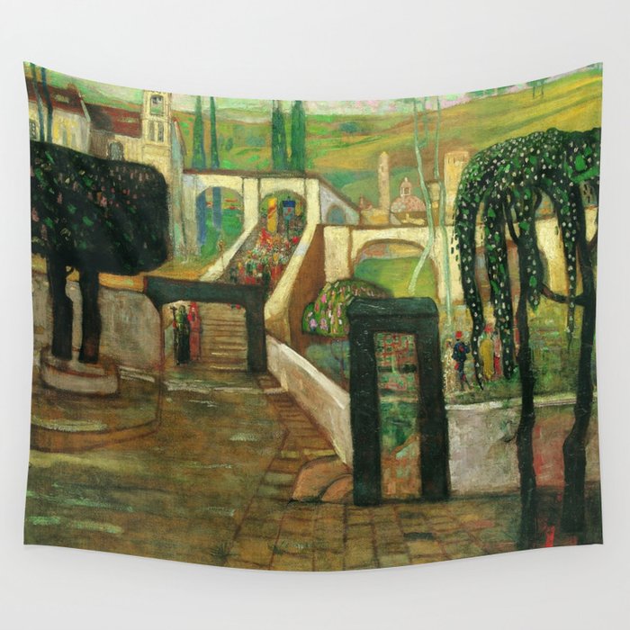 The Return of the Pilgrims landscape garden portrait by Lajos Gulácsy Wall Tapestry