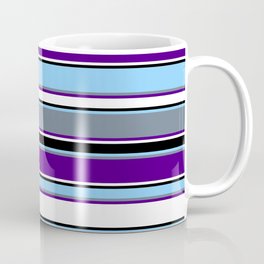 [ Thumbnail: Light Sky Blue, Slate Gray, Indigo, White, and Black Colored Lines/Stripes Pattern Coffee Mug ]