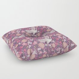 Cranes with chrysanthemums and pink magnolia on purple background Floor Pillow