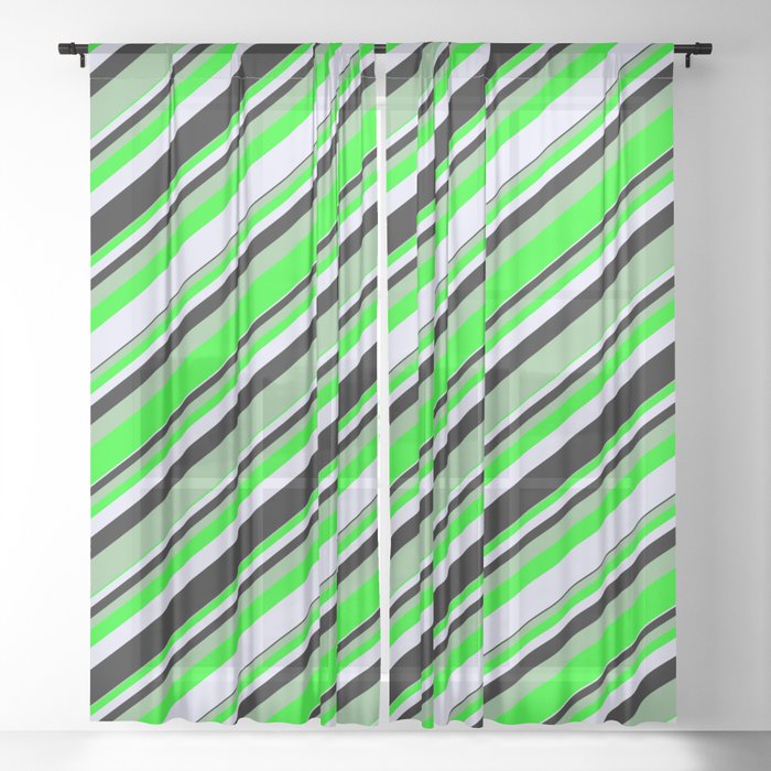 Dark Sea Green, Lime, Lavender, and Black Colored Lines/Stripes Pattern Sheer Curtain