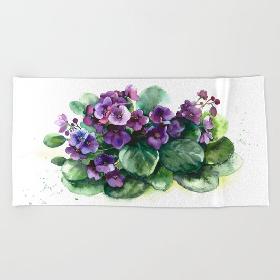 Senpolia viola violet flowers watercolor Beach Towel