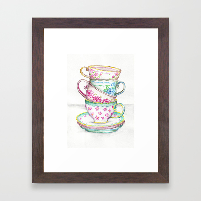 Tea Cup Art Kitchen Watercolor Painting Drawing Framed Art Print