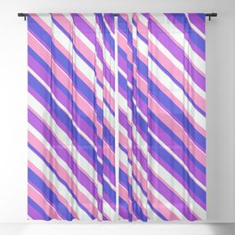 [ Thumbnail: Dark Violet, Mint Cream, Hot Pink, and Blue Colored Stripes/Lines Pattern Sheer Curtain ]