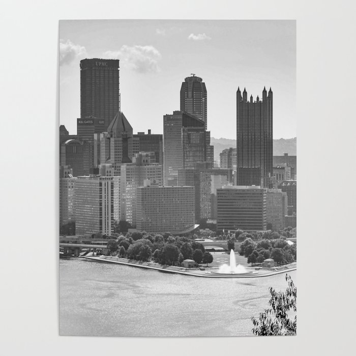 Pittsburgh City Skyline Point State Park Fountain Black White Photography Panoramic Print Poster