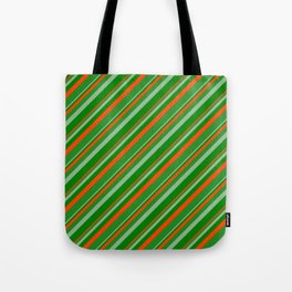[ Thumbnail: Dark Sea Green, Green, Red & Forest Green Colored Lined/Striped Pattern Tote Bag ]