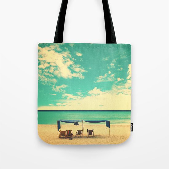 Paradise Beach and Retro Blue Sky Tote Bag