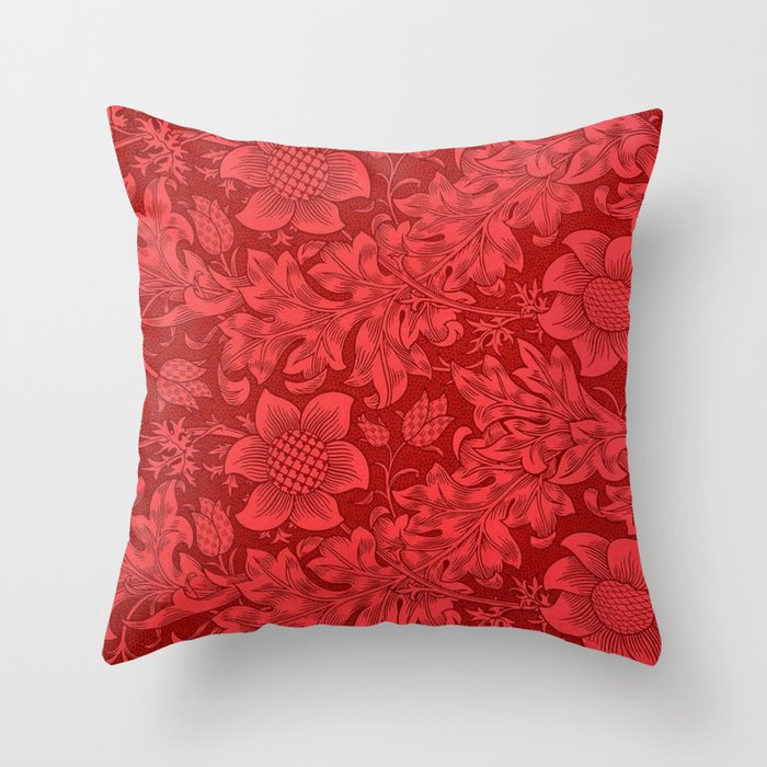 William Morris Red Tuscan Sunflower Textile Floral Pattern Throw Pillow