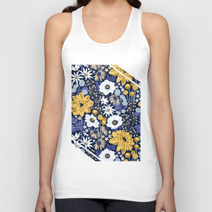 Boho garden // oxford navy blue background background very peri pastel blue yellow ivory and white flowers  Tank Top