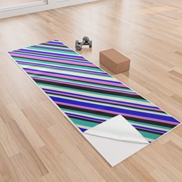 [ Thumbnail: Blue, Orchid, Black, Light Sea Green & Beige Colored Pattern of Stripes Yoga Towel ]