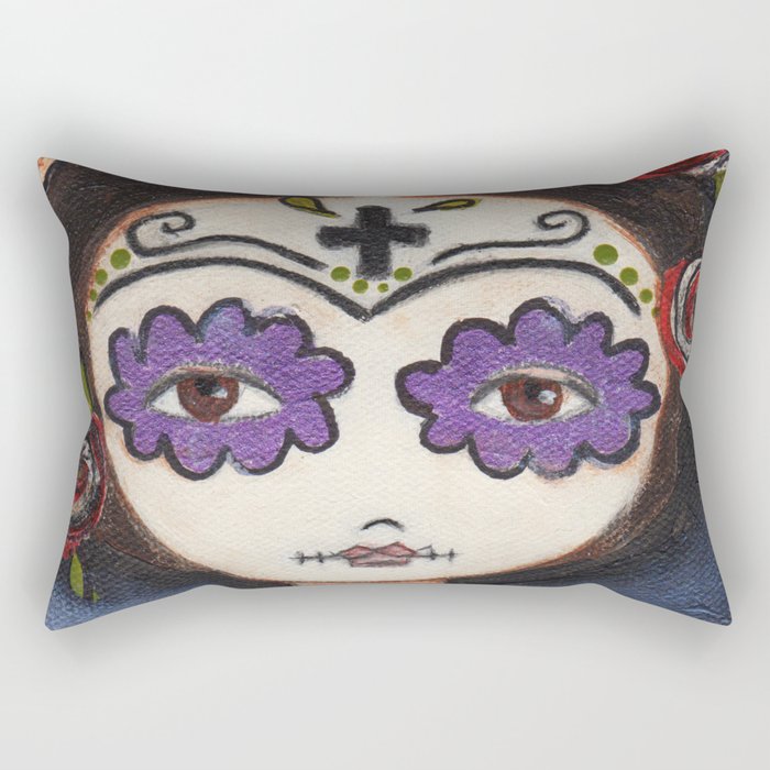 Frida with her Day of the Dead Mask by Flor Larios Rectangular Pillow