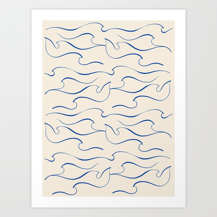 Matisse Bird Waves - Pattern 1. Blue on Beige Art Print