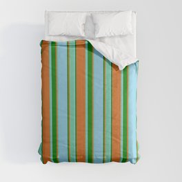 [ Thumbnail: Chocolate, Aquamarine, Sky Blue & Green Colored Stripes Pattern Comforter ]