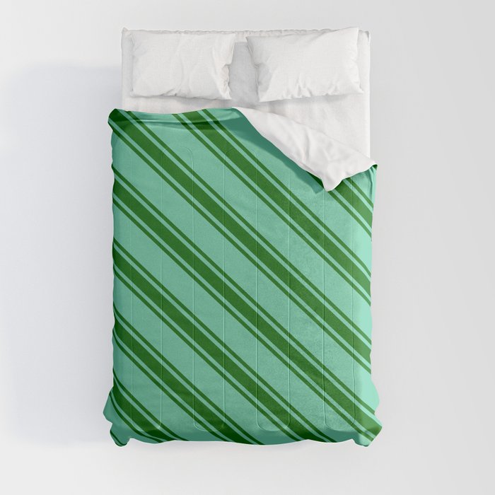 Aquamarine & Dark Green Colored Stripes/Lines Pattern Comforter