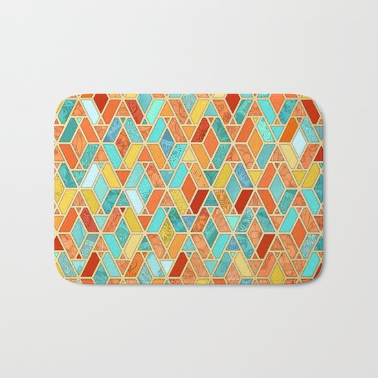 Tangerine & Turquoise Geometric Tile Pattern Bath Mat