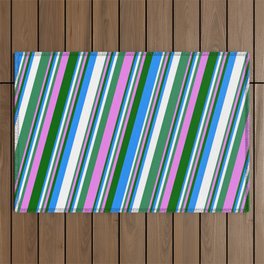 [ Thumbnail: Vibrant Sea Green, Violet, Dark Green, Blue, and White Colored Stripes/Lines Pattern Outdoor Rug ]