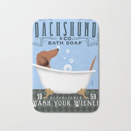 Longhaired Dachshund Wash Your Wiener dog bath clawfoot tub bubble bath soap blue Bath Mat