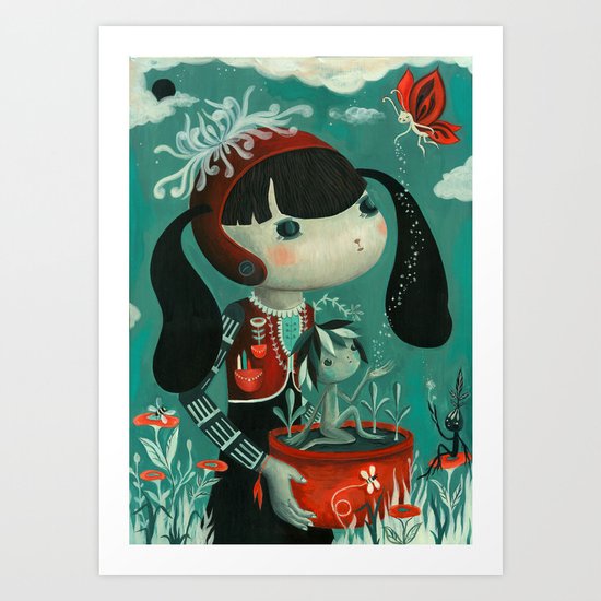 Plantando en el jardin con el lado oscuro de la luna. Art Print